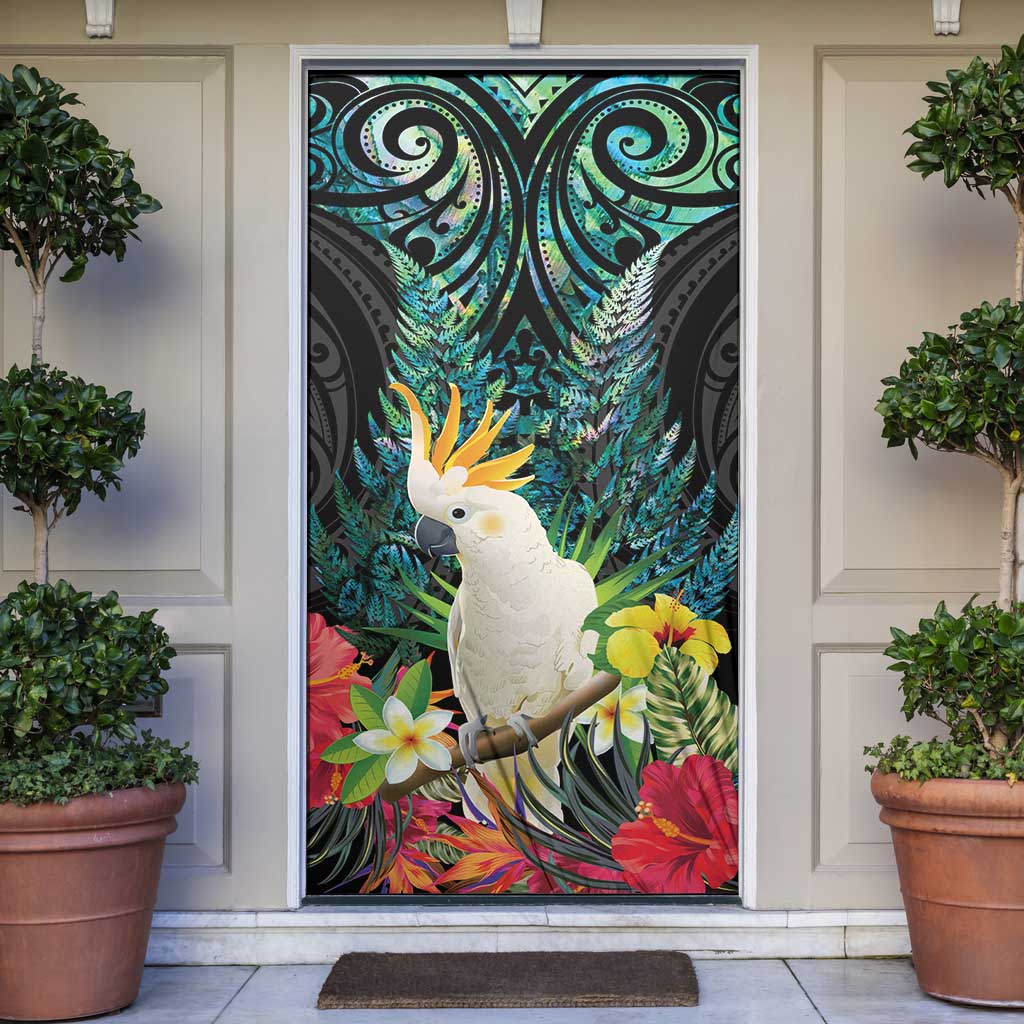 Sulphur-crested Cockatoo New Zealand Door Cover Paua Shell Aotearoa Maori Tropical Flowers - Aussie Hoodie