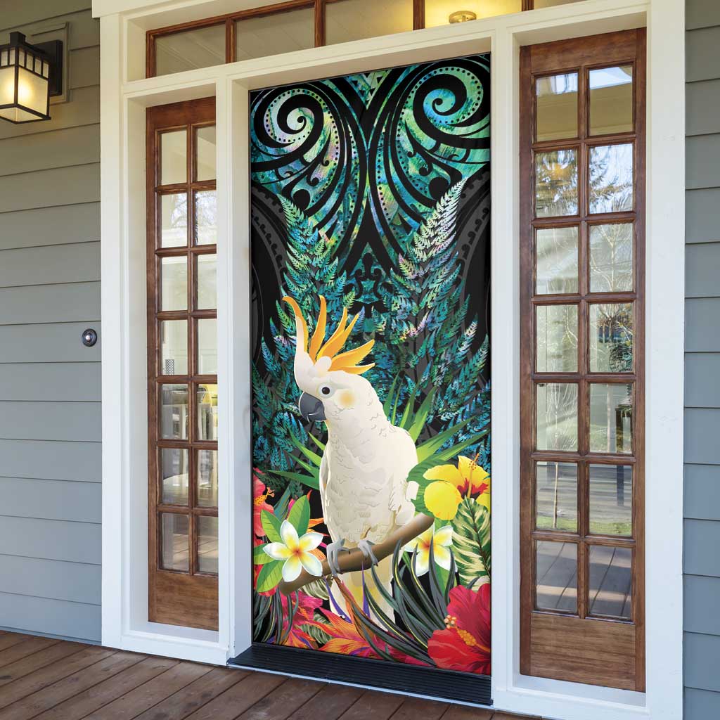 Sulphur-crested Cockatoo New Zealand Door Cover Paua Shell Aotearoa Maori Tropical Flowers - Aussie Hoodie