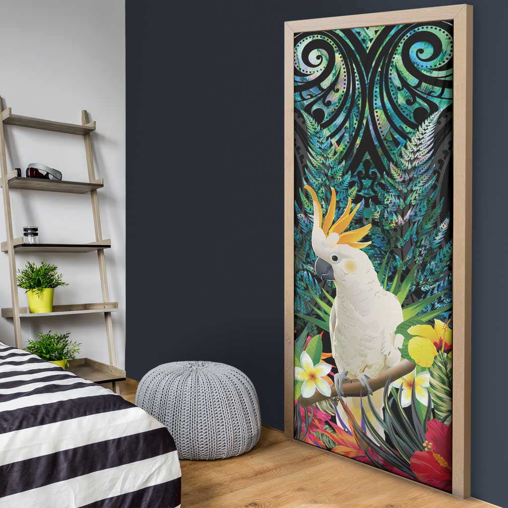 Sulphur-crested Cockatoo New Zealand Door Cover Paua Shell Aotearoa Maori Tropical Flowers - Aussie Hoodie