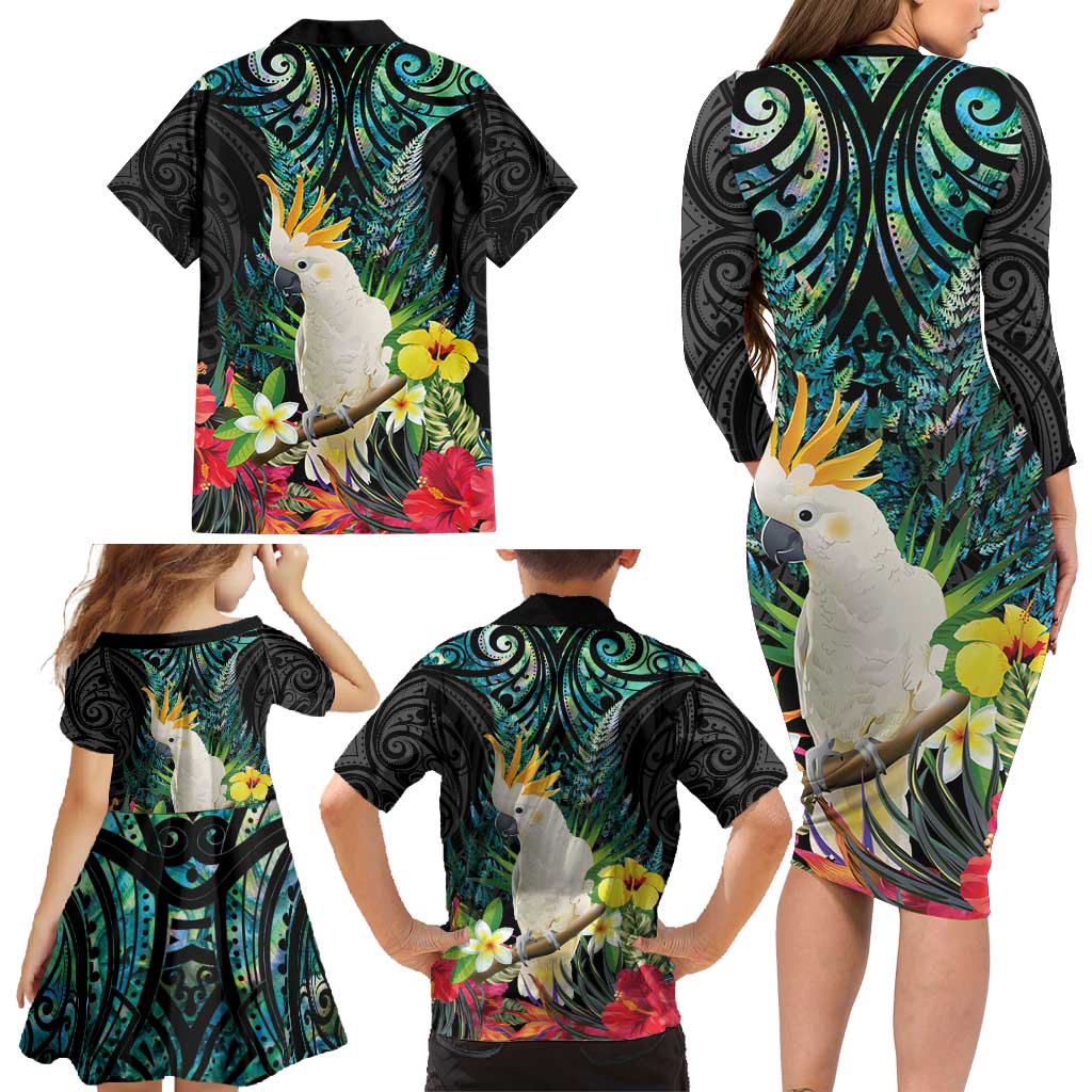 Sulphur-crested Cockatoo New Zealand Family Matching Long Sleeve Bodycon Dress and Hawaiian Shirt Paua Shell Aotearoa Maori Tropical Flowers - Aussie Hoodie