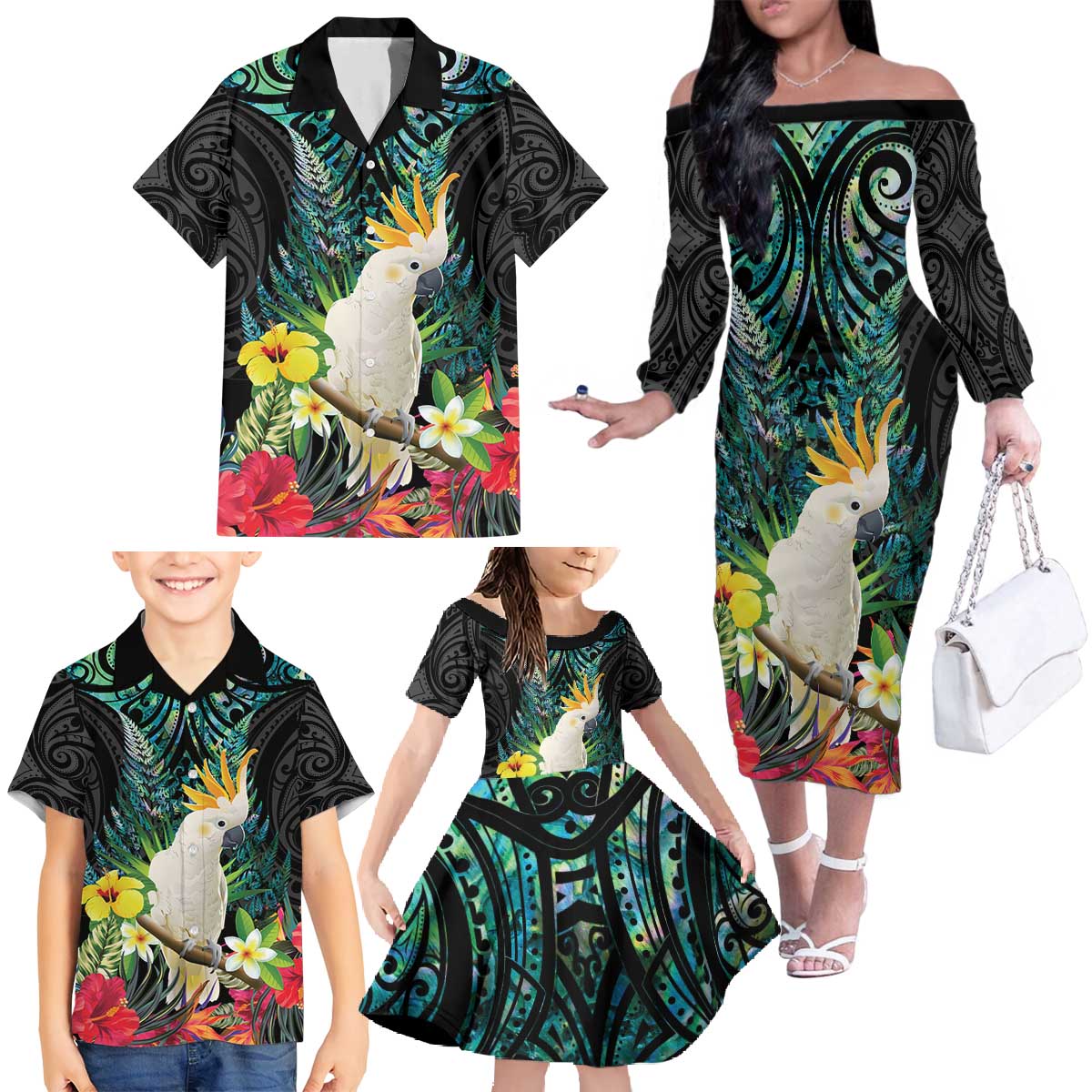 Sulphur-crested Cockatoo New Zealand Family Matching Off The Shoulder Long Sleeve Dress and Hawaiian Shirt Paua Shell Aotearoa Maori Tropical Flowers - Aussie Hoodie