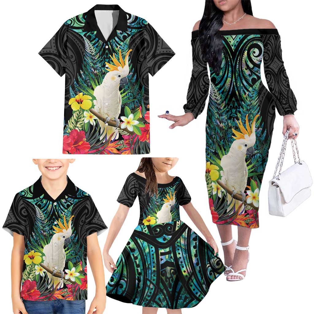 Sulphur-crested Cockatoo New Zealand Family Matching Off The Shoulder Long Sleeve Dress and Hawaiian Shirt Paua Shell Aotearoa Maori Tropical Flowers - Aussie Hoodie