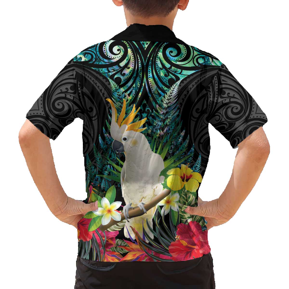 Sulphur-crested Cockatoo New Zealand Family Matching Off The Shoulder Long Sleeve Dress and Hawaiian Shirt Paua Shell Aotearoa Maori Tropical Flowers - Aussie Hoodie