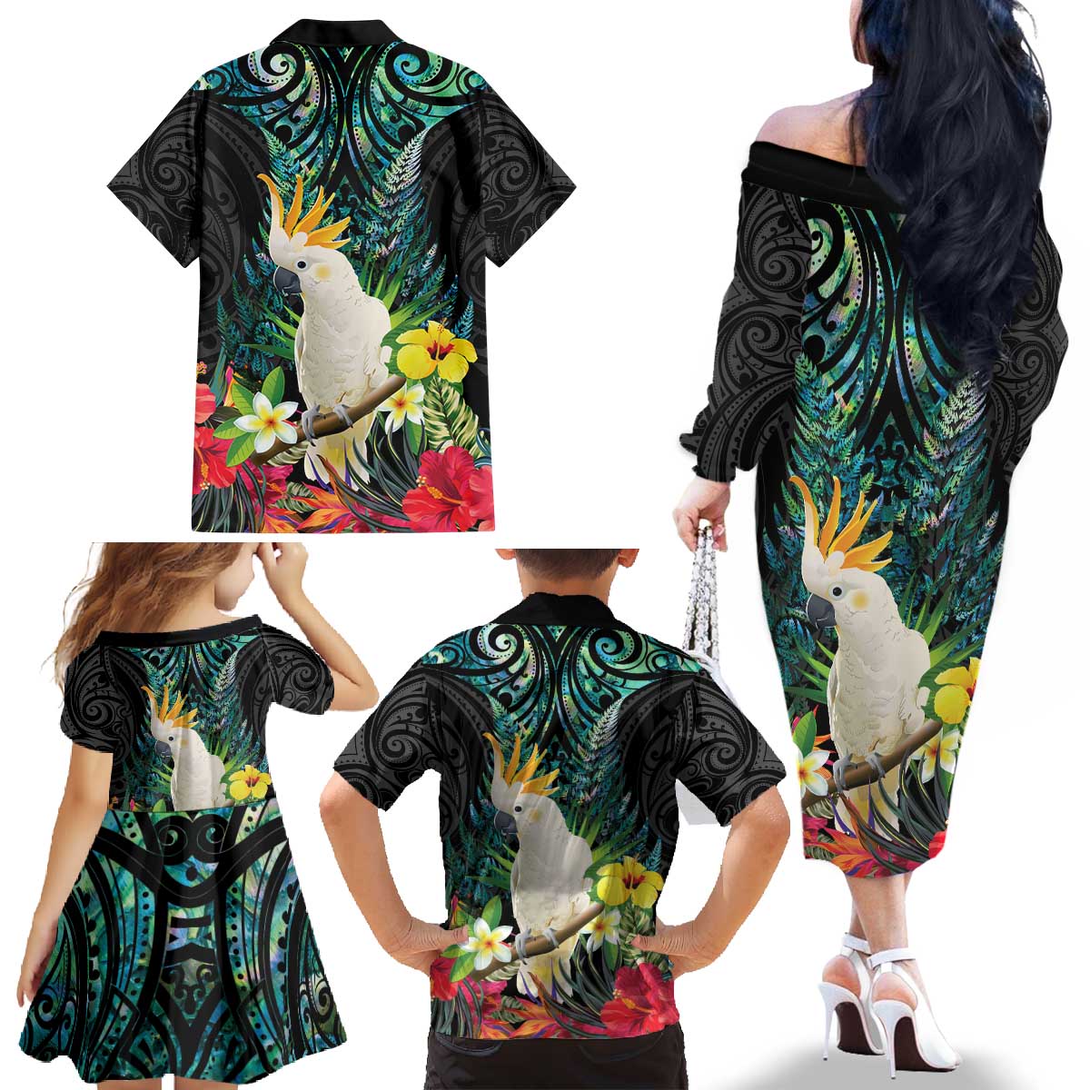 Sulphur-crested Cockatoo New Zealand Family Matching Off The Shoulder Long Sleeve Dress and Hawaiian Shirt Paua Shell Aotearoa Maori Tropical Flowers - Aussie Hoodie