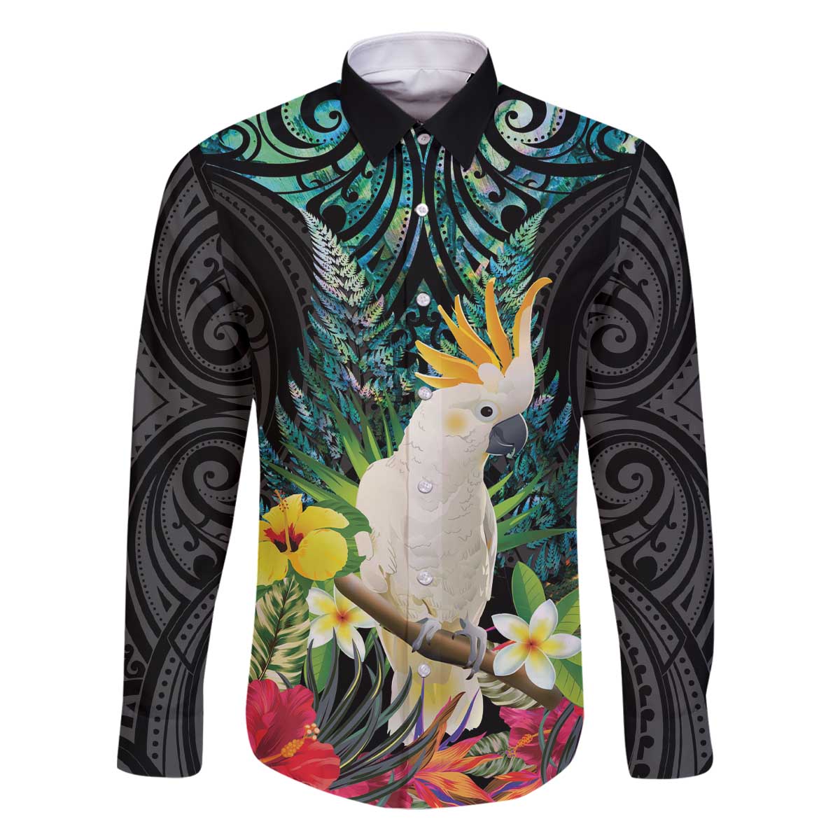 Sulphur-crested Cockatoo New Zealand Family Matching Off The Shoulder Long Sleeve Dress and Hawaiian Shirt Paua Shell Aotearoa Maori Tropical Flowers - Aussie Hoodie