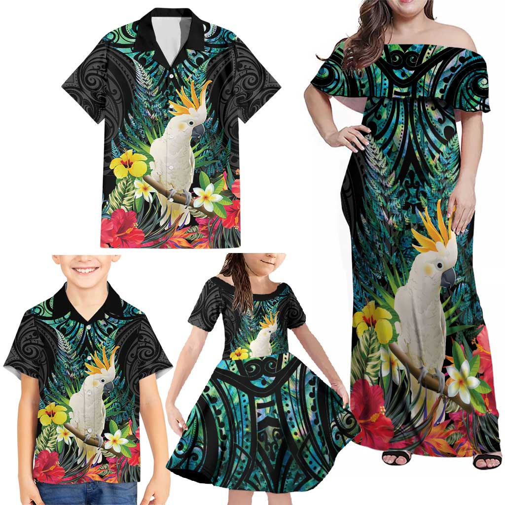 Sulphur-crested Cockatoo New Zealand Family Matching Off Shoulder Maxi Dress and Hawaiian Shirt Paua Shell Aotearoa Maori Tropical Flowers - Aussie Hoodie