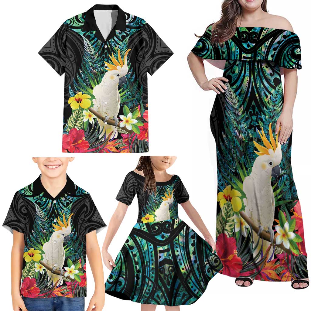 Sulphur-crested Cockatoo New Zealand Family Matching Off Shoulder Maxi Dress and Hawaiian Shirt Paua Shell Aotearoa Maori Tropical Flowers - Aussie Hoodie