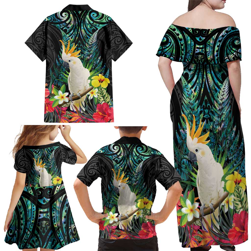 Sulphur-crested Cockatoo New Zealand Family Matching Off Shoulder Maxi Dress and Hawaiian Shirt Paua Shell Aotearoa Maori Tropical Flowers - Aussie Hoodie