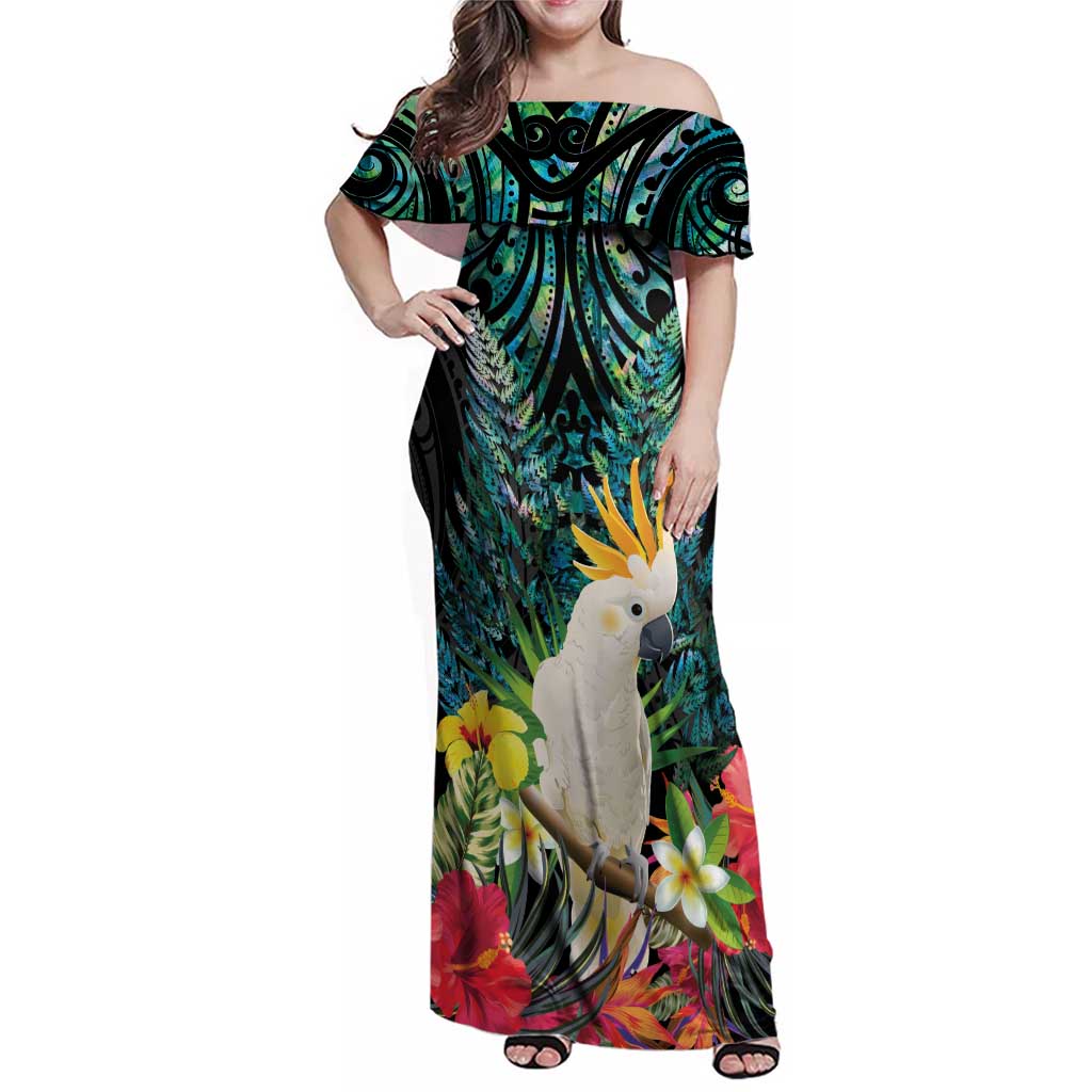 Sulphur-crested Cockatoo New Zealand Family Matching Off Shoulder Maxi Dress and Hawaiian Shirt Paua Shell Aotearoa Maori Tropical Flowers - Aussie Hoodie