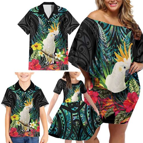 Sulphur-crested Cockatoo New Zealand Family Matching Off Shoulder Short Dress and Hawaiian Shirt Paua Shell Aotearoa Maori Tropical Flowers - Aussie Hoodie