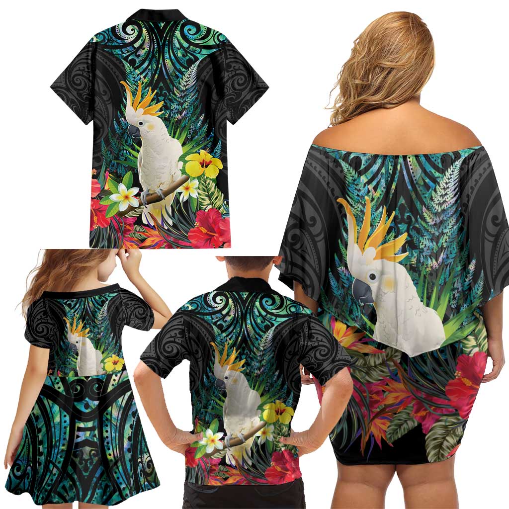 Sulphur-crested Cockatoo New Zealand Family Matching Off Shoulder Short Dress and Hawaiian Shirt Paua Shell Aotearoa Maori Tropical Flowers - Aussie Hoodie