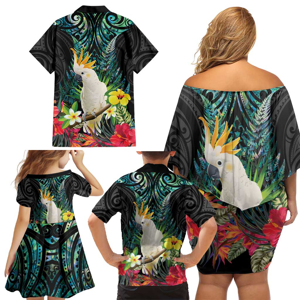 Sulphur-crested Cockatoo New Zealand Family Matching Off Shoulder Short Dress and Hawaiian Shirt Paua Shell Aotearoa Maori Tropical Flowers - Aussie Hoodie