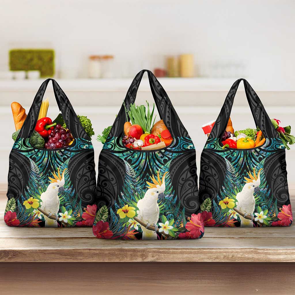Sulphur-crested Cockatoo New Zealand Grocery Bag Paua Shell Aotearoa Maori Tropical Flowers - Aussie Hoodie