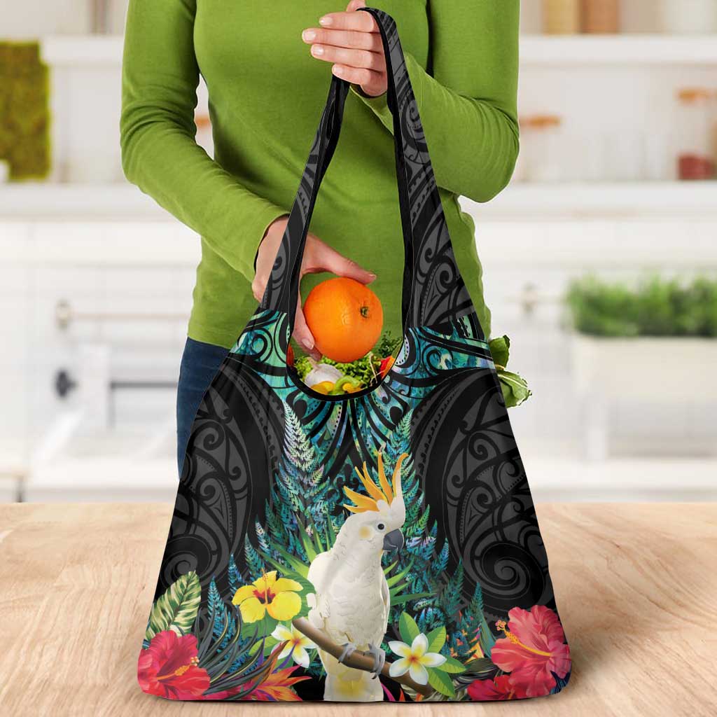 Sulphur-crested Cockatoo New Zealand Grocery Bag Paua Shell Aotearoa Maori Tropical Flowers - Aussie Hoodie