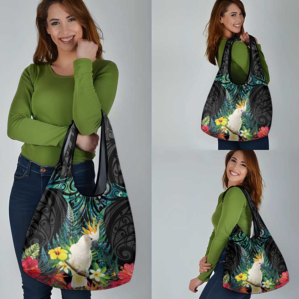 Sulphur-crested Cockatoo New Zealand Grocery Bag Paua Shell Aotearoa Maori Tropical Flowers - Aussie Hoodie
