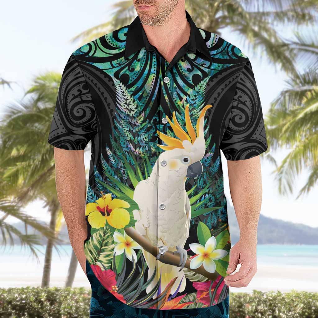 Sulphur-crested Cockatoo New Zealand Hawaiian Shirt Paua Shell Aotearoa Maori Tropical Flowers - Aussie Hoodie