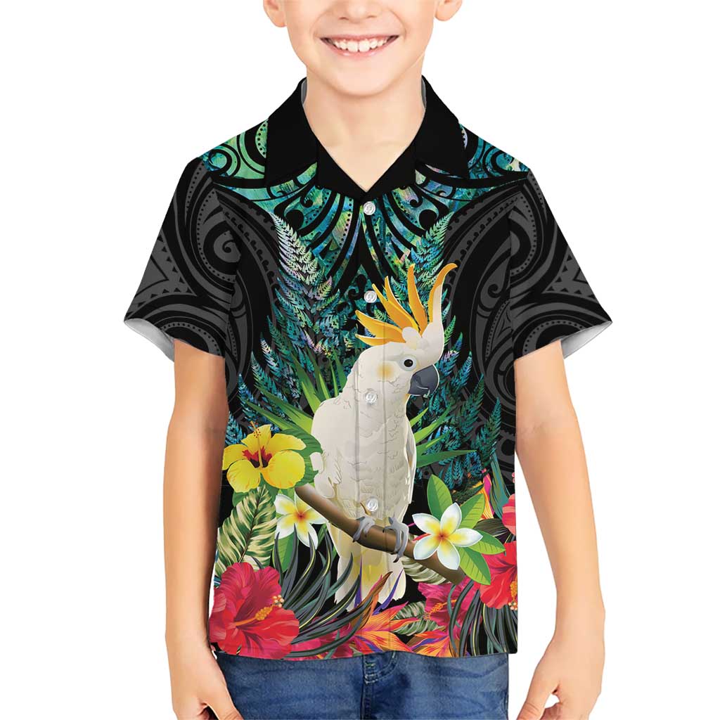 Sulphur-crested Cockatoo New Zealand Hawaiian Shirt Paua Shell Aotearoa Maori Tropical Flowers - Aussie Hoodie