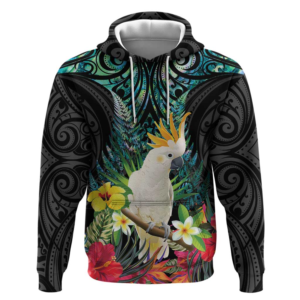 Sulphur-crested Cockatoo New Zealand Hoodie Paua Shell Aotearoa Maori Tropical Flowers - Aussie Hoodie