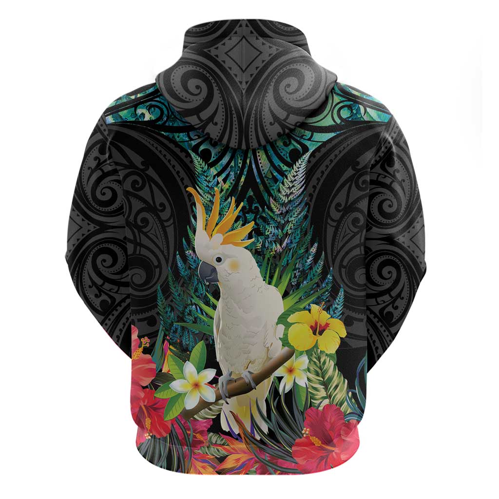 Sulphur-crested Cockatoo New Zealand Hoodie Paua Shell Aotearoa Maori Tropical Flowers - Aussie Hoodie