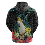 Sulphur-crested Cockatoo New Zealand Hoodie Paua Shell Aotearoa Maori Tropical Flowers - Aussie Hoodie