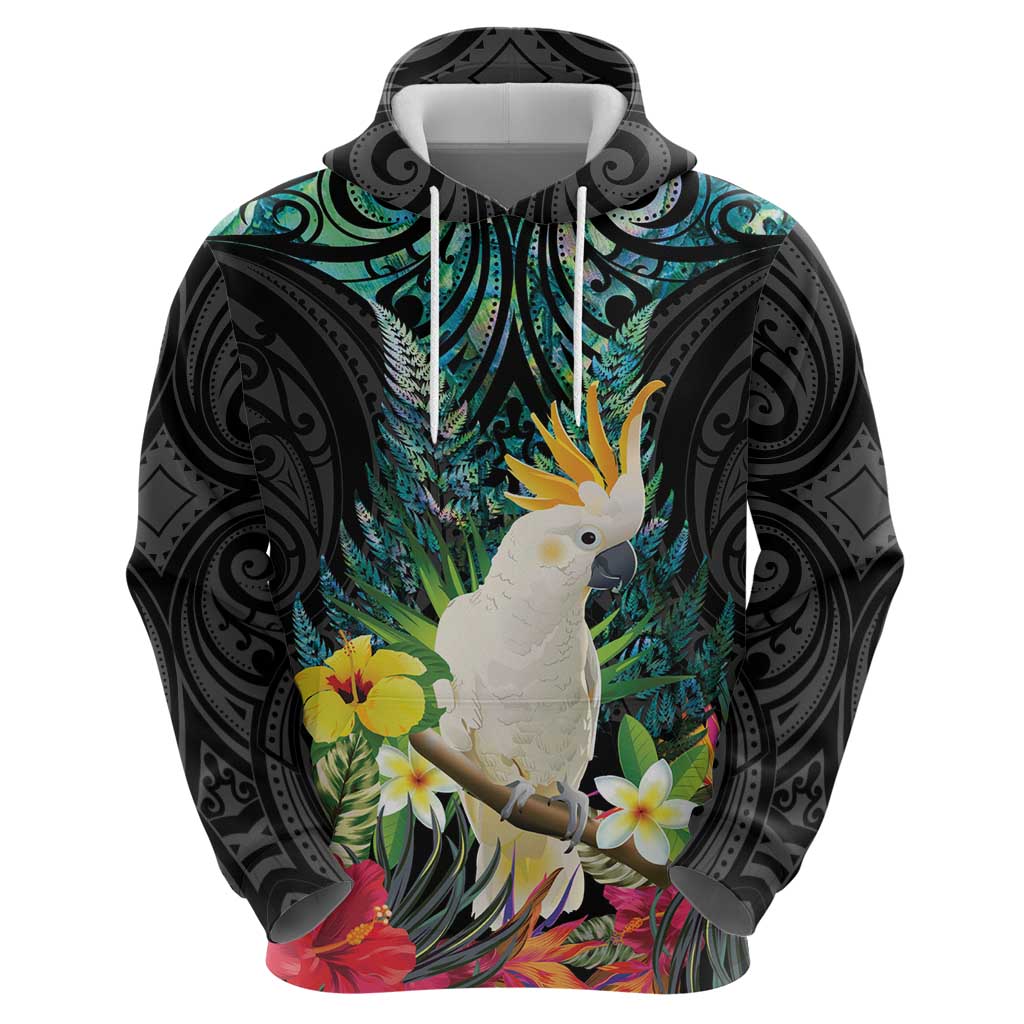 Sulphur-crested Cockatoo New Zealand Hoodie Paua Shell Aotearoa Maori Tropical Flowers - Aussie Hoodie