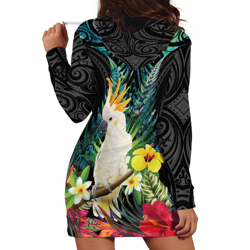 Sulphur-crested Cockatoo New Zealand Hoodie Dress Paua Shell Aotearoa Maori Tropical Flowers - Aussie Hoodie