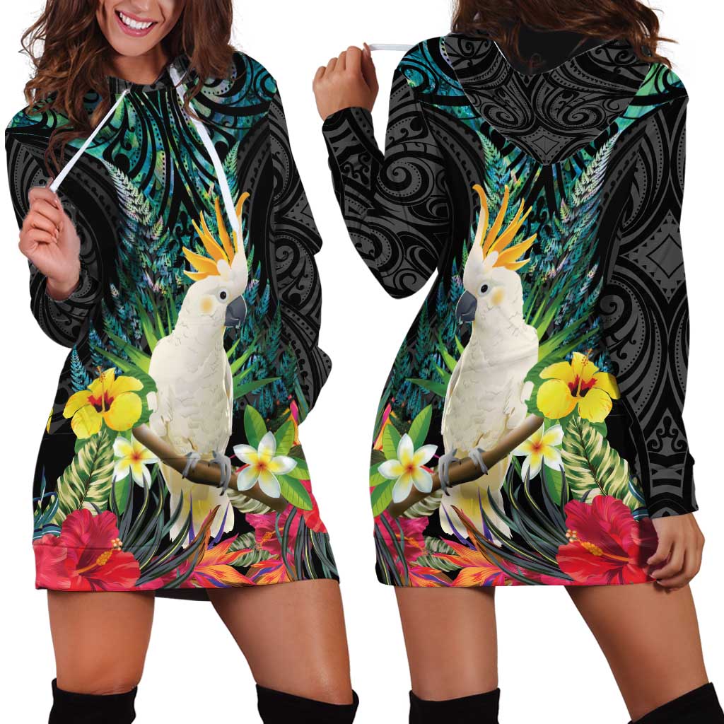 Sulphur-crested Cockatoo New Zealand Hoodie Dress Paua Shell Aotearoa Maori Tropical Flowers - Aussie Hoodie