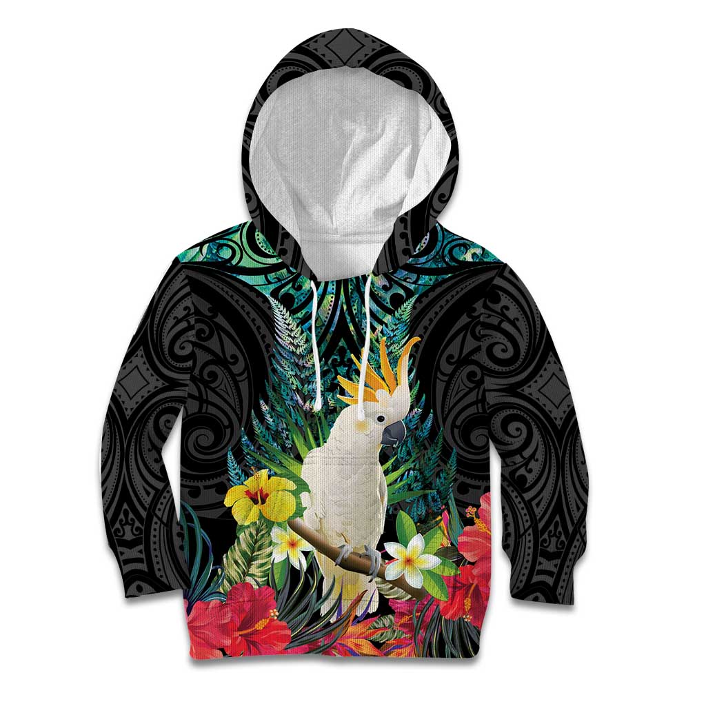 Sulphur-crested Cockatoo New Zealand Kid Hoodie Paua Shell Aotearoa Maori Tropical Flowers - Aussie Hoodie