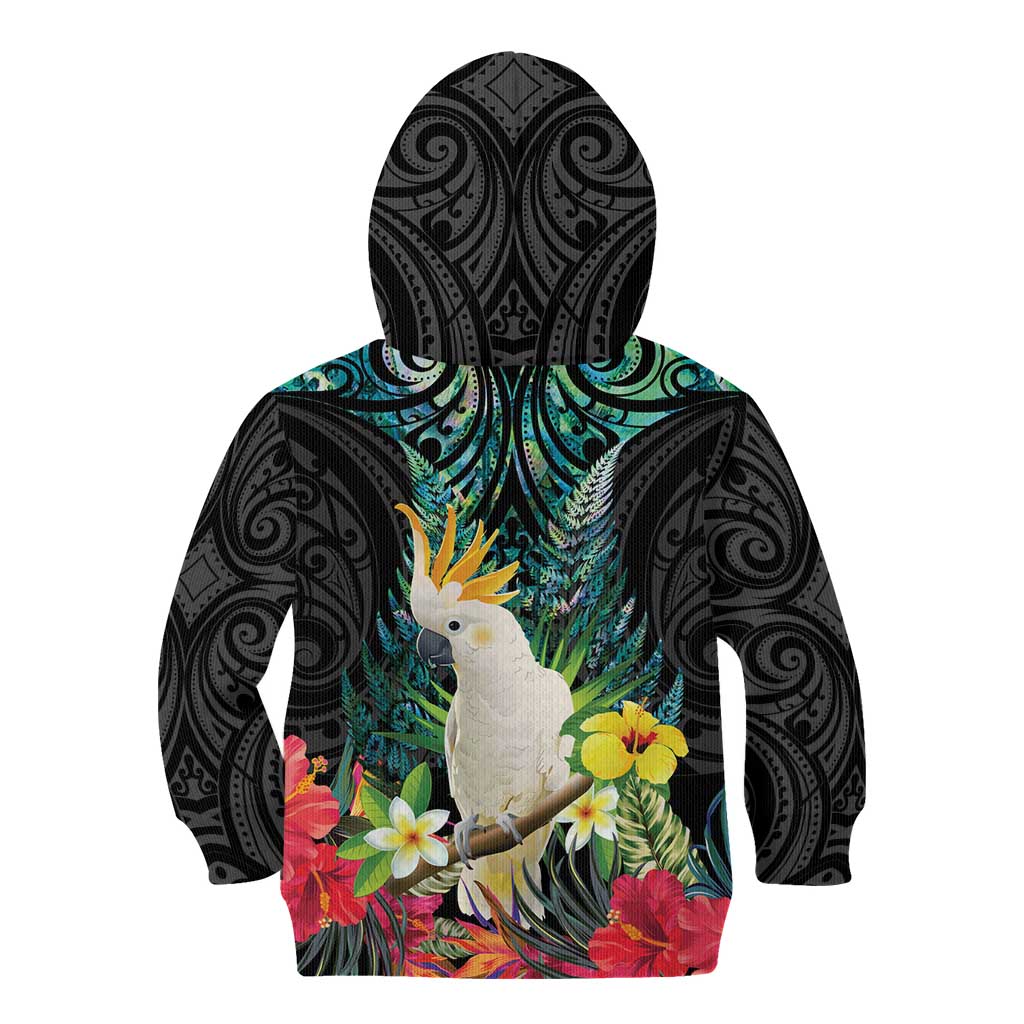 Sulphur-crested Cockatoo New Zealand Kid Hoodie Paua Shell Aotearoa Maori Tropical Flowers - Aussie Hoodie