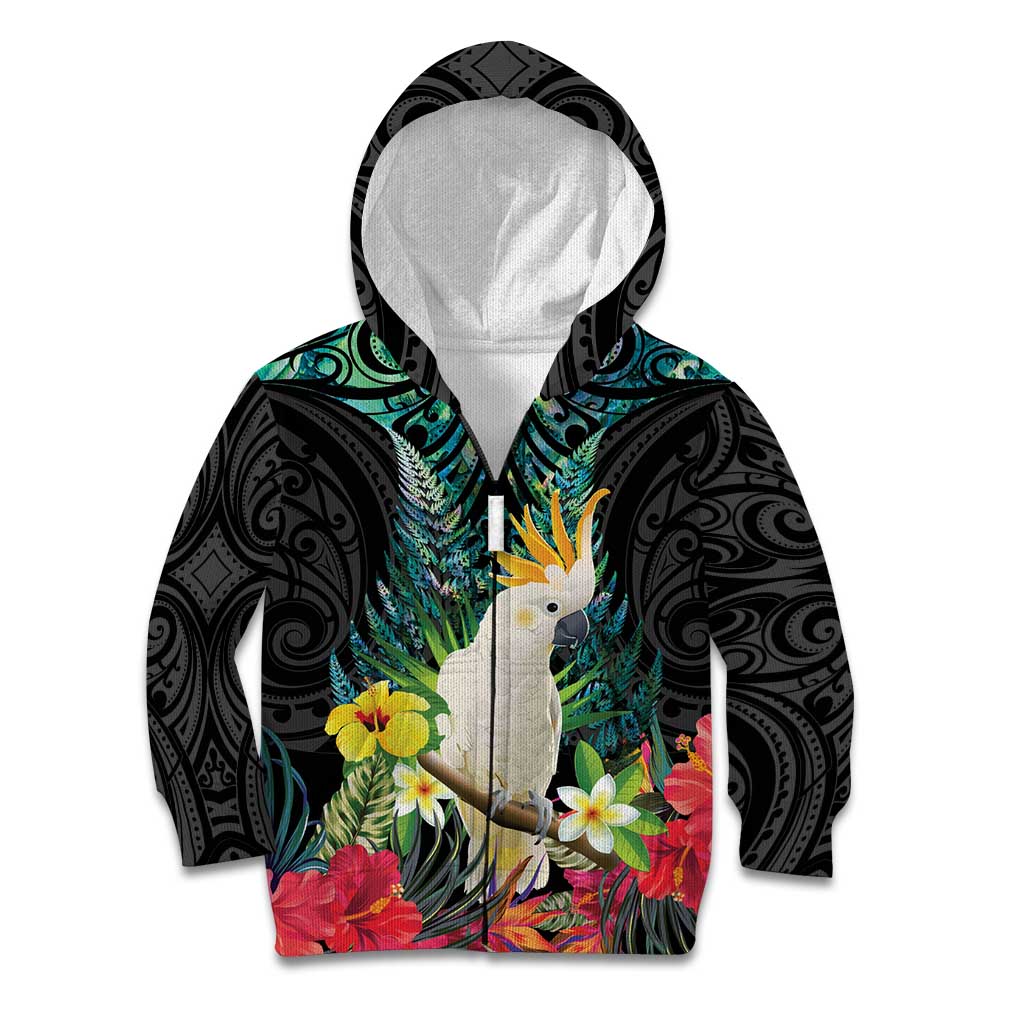Sulphur-crested Cockatoo New Zealand Kid Hoodie Paua Shell Aotearoa Maori Tropical Flowers - Aussie Hoodie