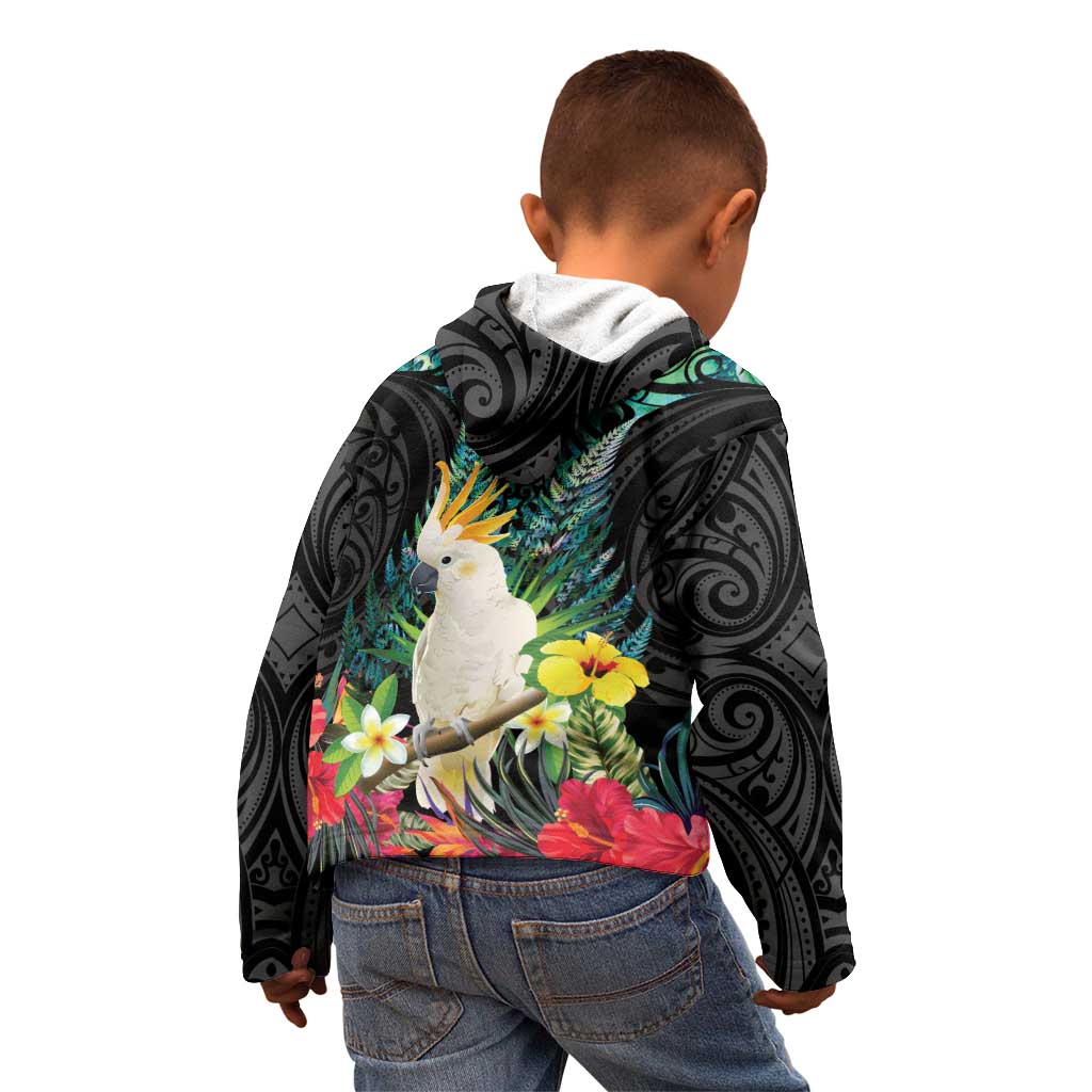Sulphur-crested Cockatoo New Zealand Kid Hoodie Paua Shell Aotearoa Maori Tropical Flowers - Aussie Hoodie
