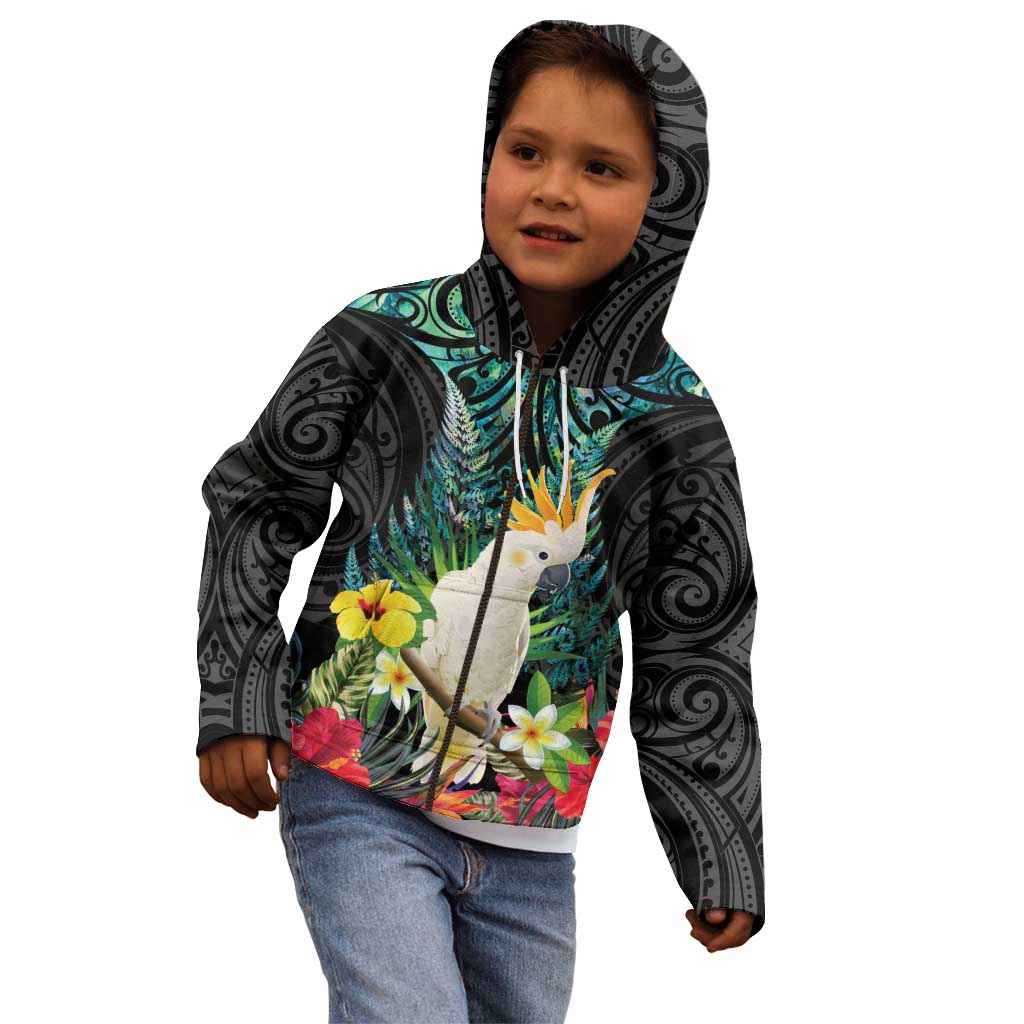 Sulphur-crested Cockatoo New Zealand Kid Hoodie Paua Shell Aotearoa Maori Tropical Flowers - Aussie Hoodie