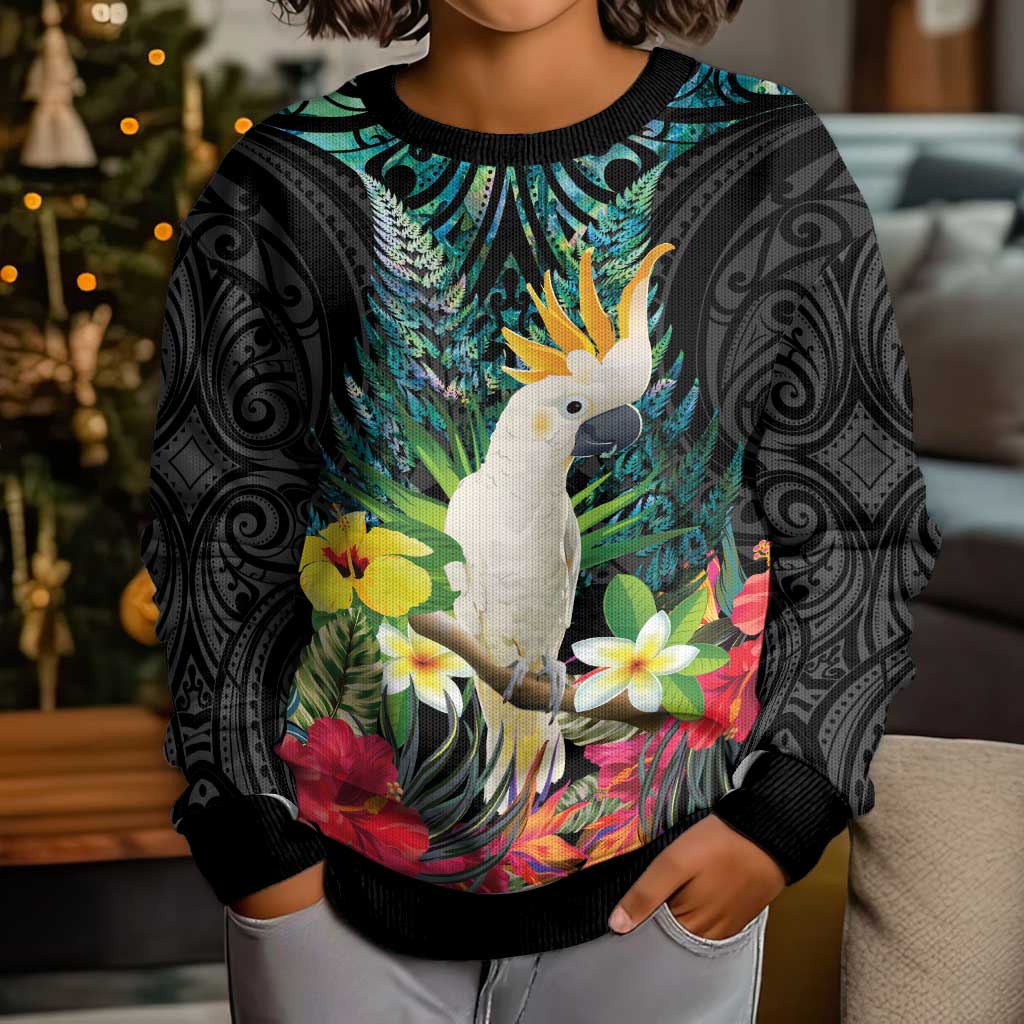 Sulphur-crested Cockatoo New Zealand Kid Ugly Christmas Sweater Paua Shell Aotearoa Maori Tropical Flowers - Aussie Hoodie