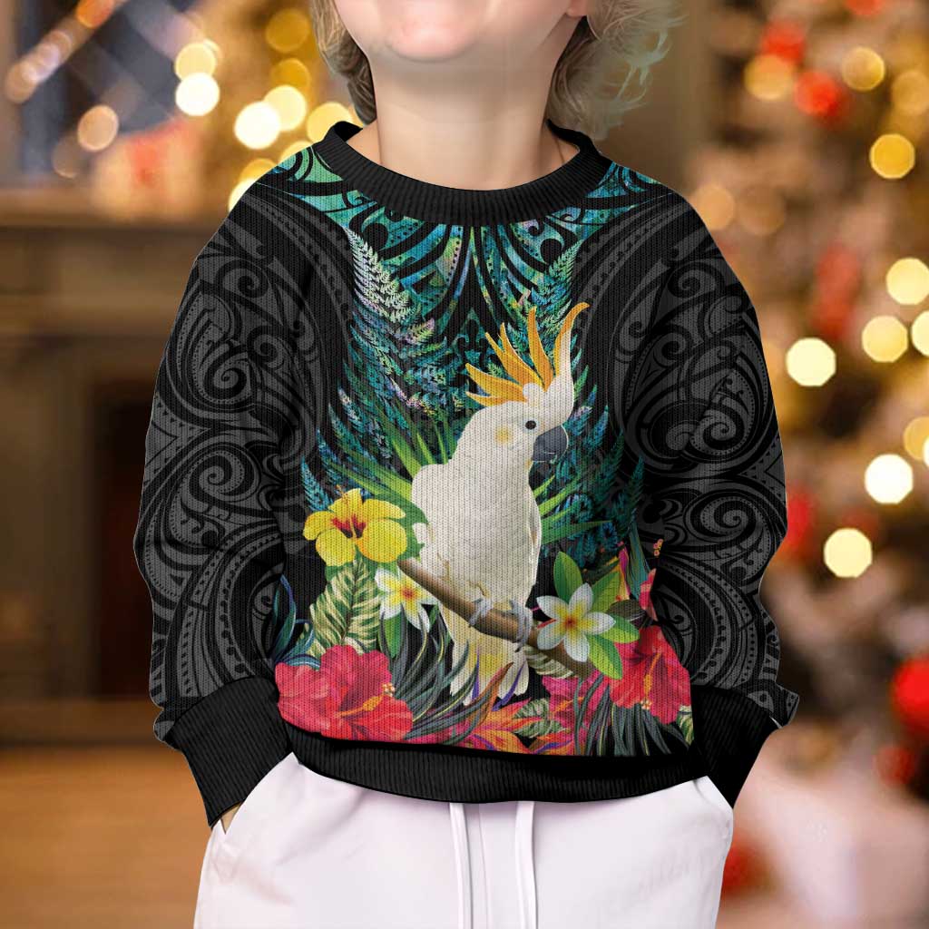 Sulphur-crested Cockatoo New Zealand Kid Ugly Christmas Sweater Paua Shell Aotearoa Maori Tropical Flowers - Aussie Hoodie