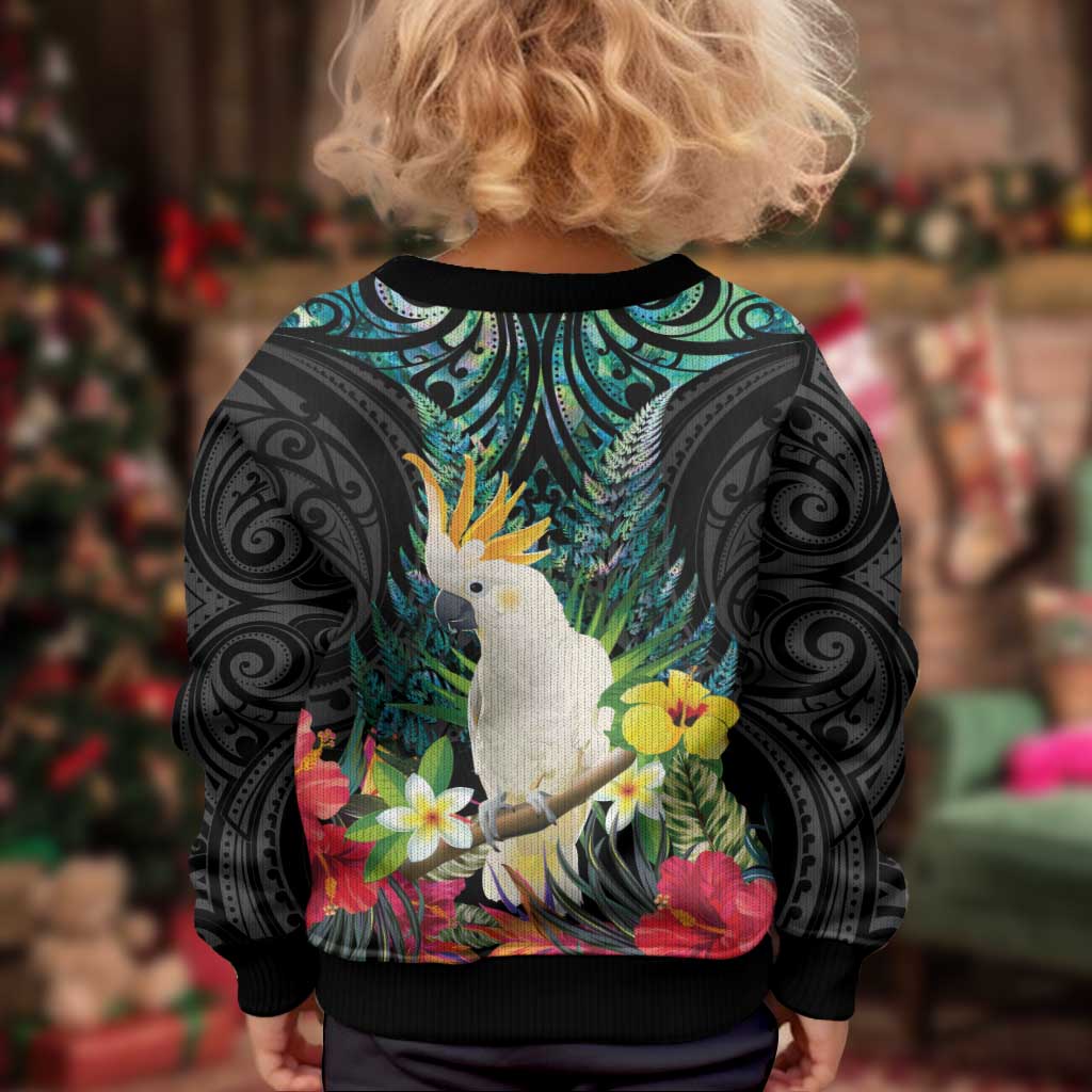 Sulphur-crested Cockatoo New Zealand Kid Ugly Christmas Sweater Paua Shell Aotearoa Maori Tropical Flowers - Aussie Hoodie