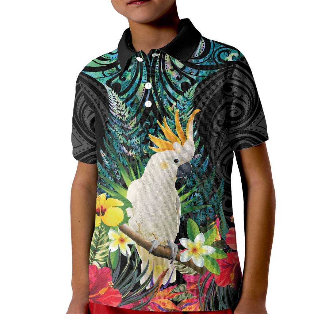 Sulphur-crested Cockatoo New Zealand Kid Polo Shirt Paua Shell Aotearoa Maori Tropical Flowers - Aussie Hoodie