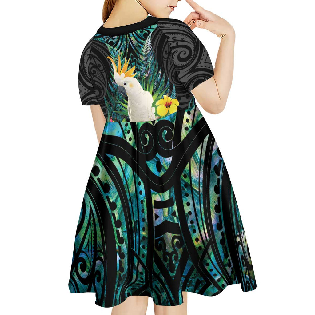 Sulphur-crested Cockatoo New Zealand Kid Short Sleeve Dress Paua Shell Aotearoa Maori Tropical Flowers - Aussie Hoodie