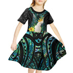 Sulphur-crested Cockatoo New Zealand Kid Short Sleeve Dress Paua Shell Aotearoa Maori Tropical Flowers - Aussie Hoodie