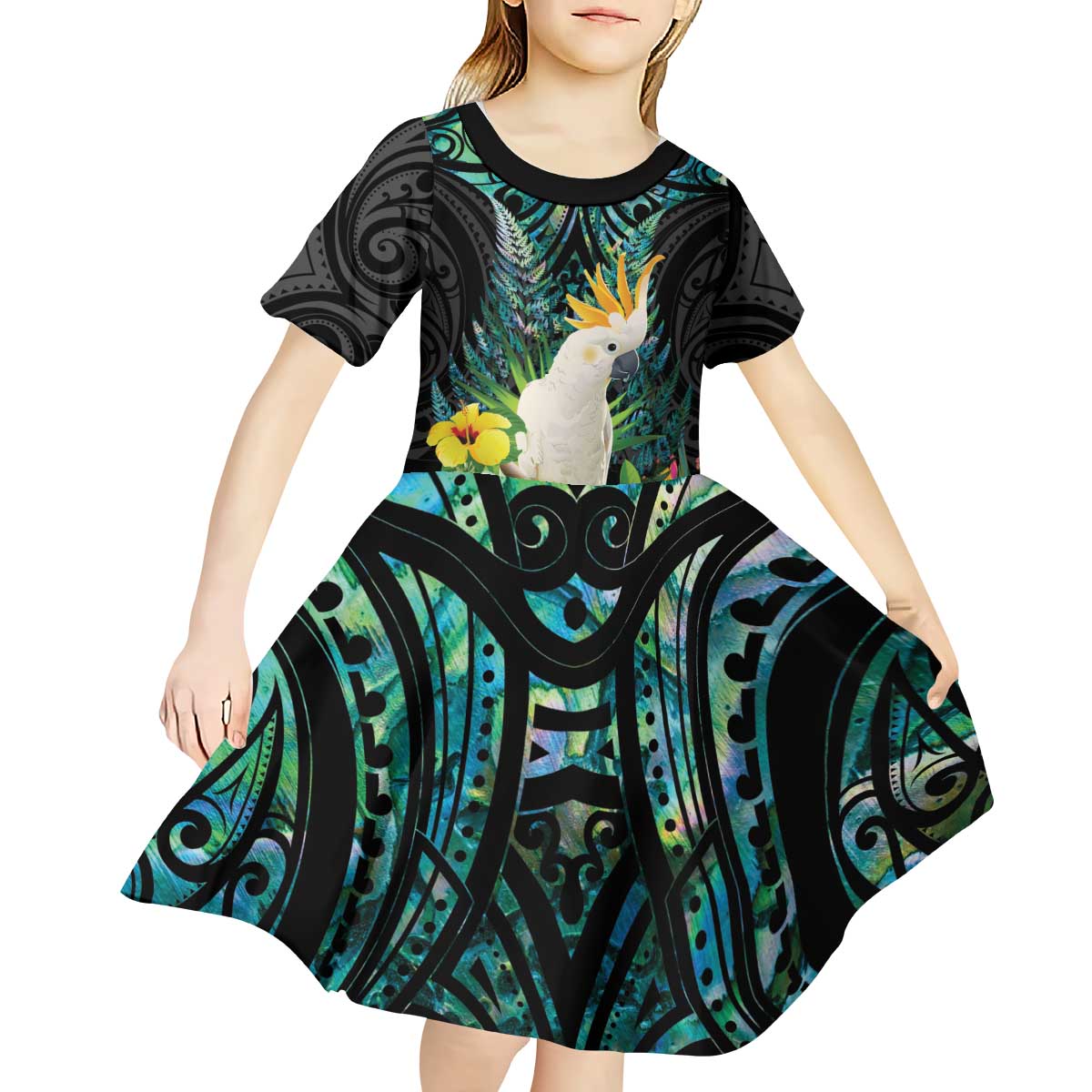 Sulphur-crested Cockatoo New Zealand Kid Short Sleeve Dress Paua Shell Aotearoa Maori Tropical Flowers - Aussie Hoodie