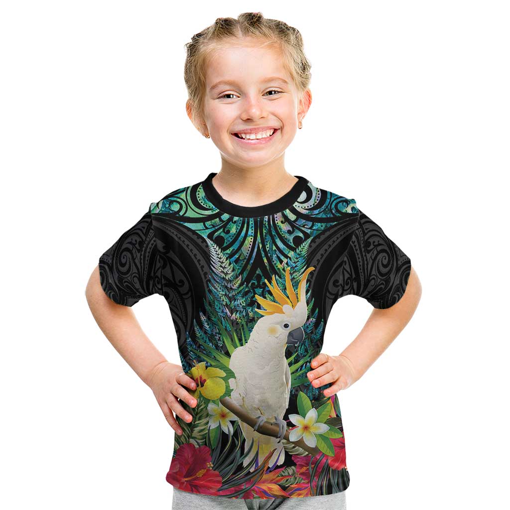 Sulphur-crested Cockatoo New Zealand Kid T Shirt Paua Shell Aotearoa Maori Tropical Flowers - Aussie Hoodie