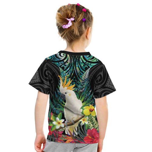 Sulphur-crested Cockatoo New Zealand Kid T Shirt Paua Shell Aotearoa Maori Tropical Flowers - Aussie Hoodie
