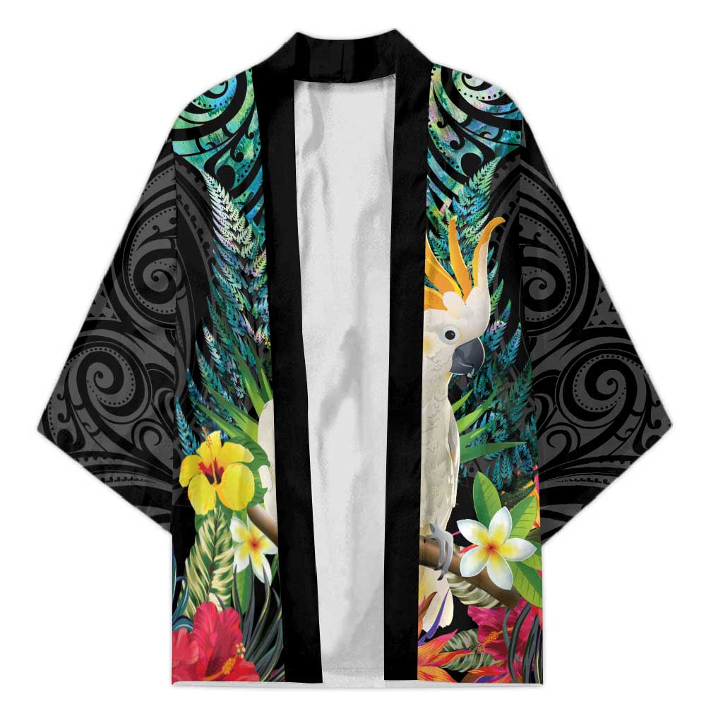Sulphur-crested Cockatoo New Zealand Kimono Paua Shell Aotearoa Maori Tropical Flowers - Aussie Hoodie