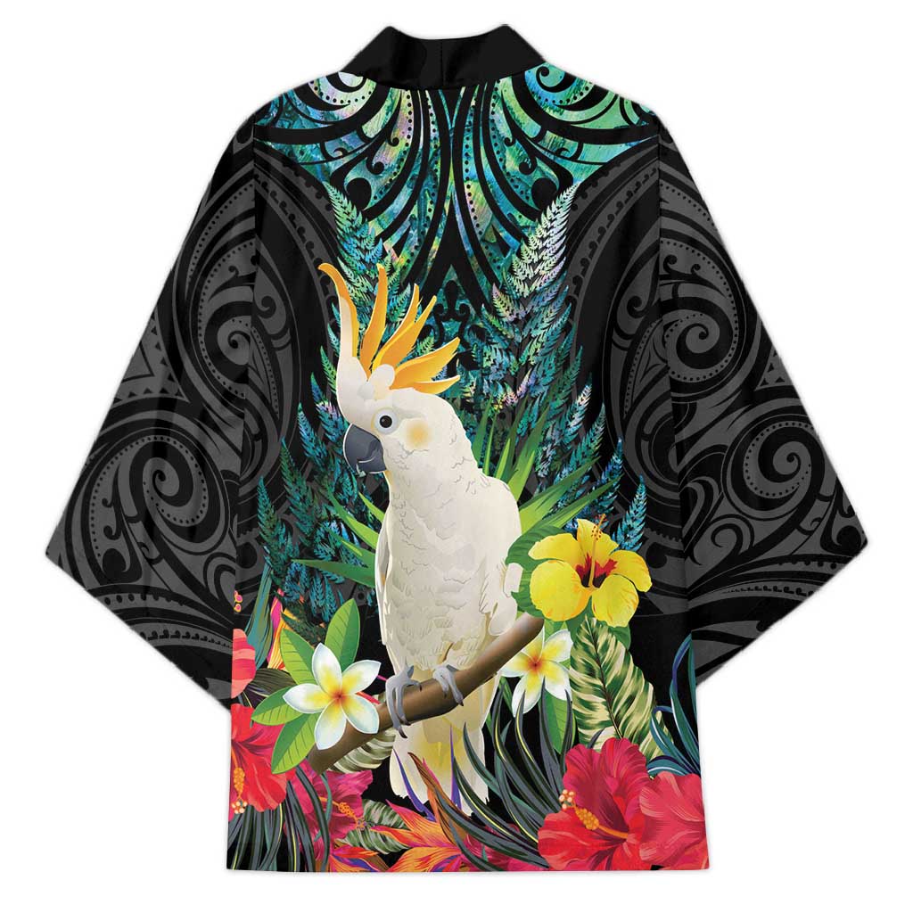 Sulphur-crested Cockatoo New Zealand Kimono Paua Shell Aotearoa Maori Tropical Flowers - Aussie Hoodie