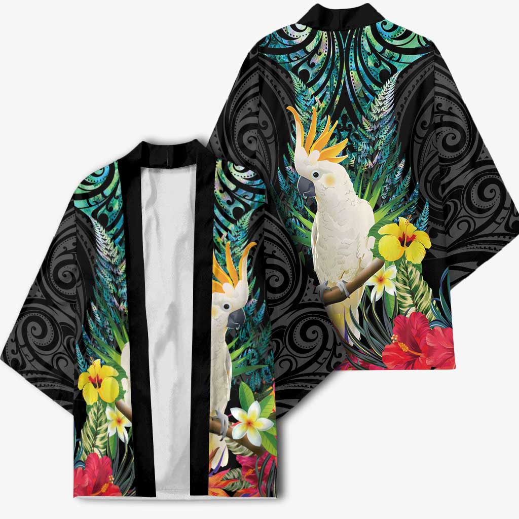 Sulphur-crested Cockatoo New Zealand Kimono Paua Shell Aotearoa Maori Tropical Flowers - Aussie Hoodie
