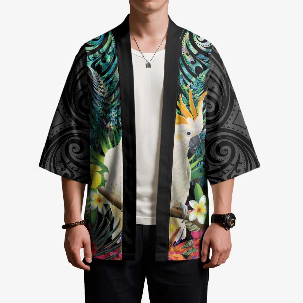 Sulphur-crested Cockatoo New Zealand Kimono Paua Shell Aotearoa Maori Tropical Flowers - Aussie Hoodie