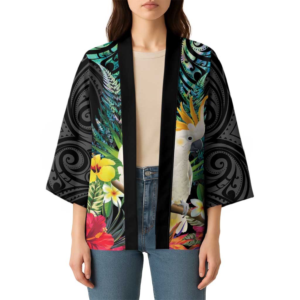 Sulphur-crested Cockatoo New Zealand Kimono Paua Shell Aotearoa Maori Tropical Flowers - Aussie Hoodie