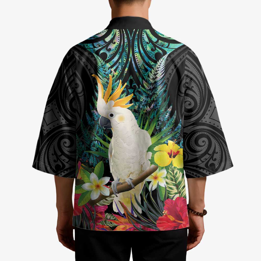 Sulphur-crested Cockatoo New Zealand Kimono Paua Shell Aotearoa Maori Tropical Flowers - Aussie Hoodie