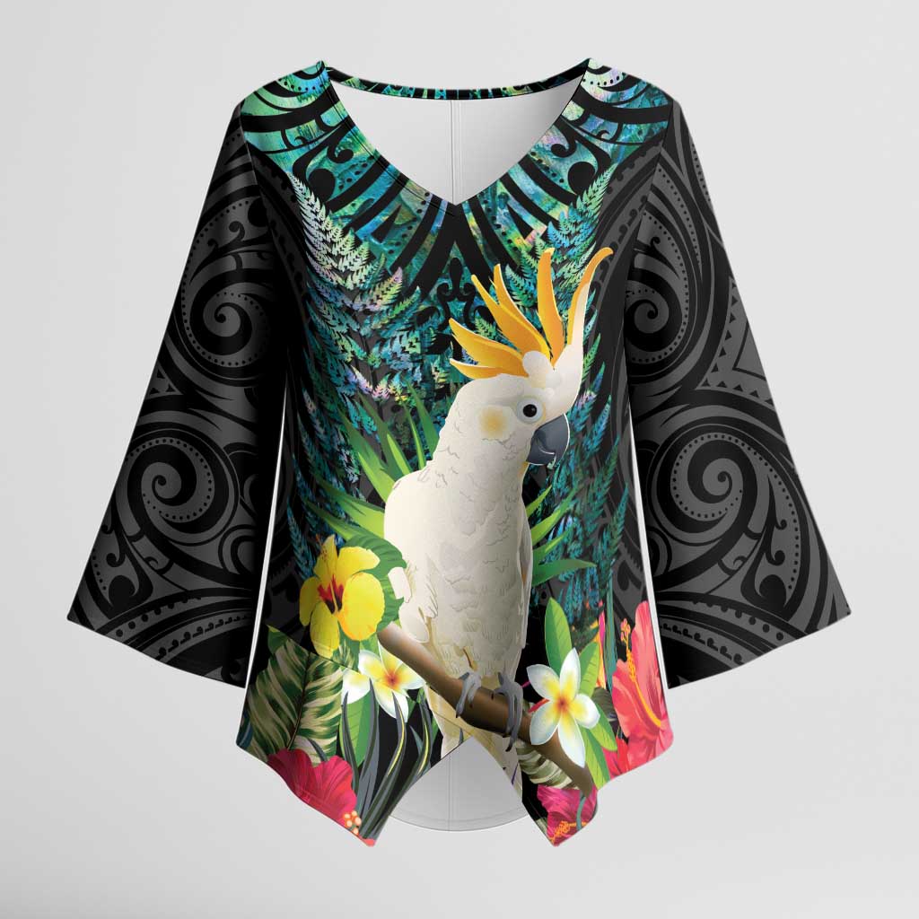 Sulphur-crested Cockatoo New Zealand Kimono Sleeve Blouse Paua Shell Aotearoa Maori Tropical Flowers - Aussie Hoodie
