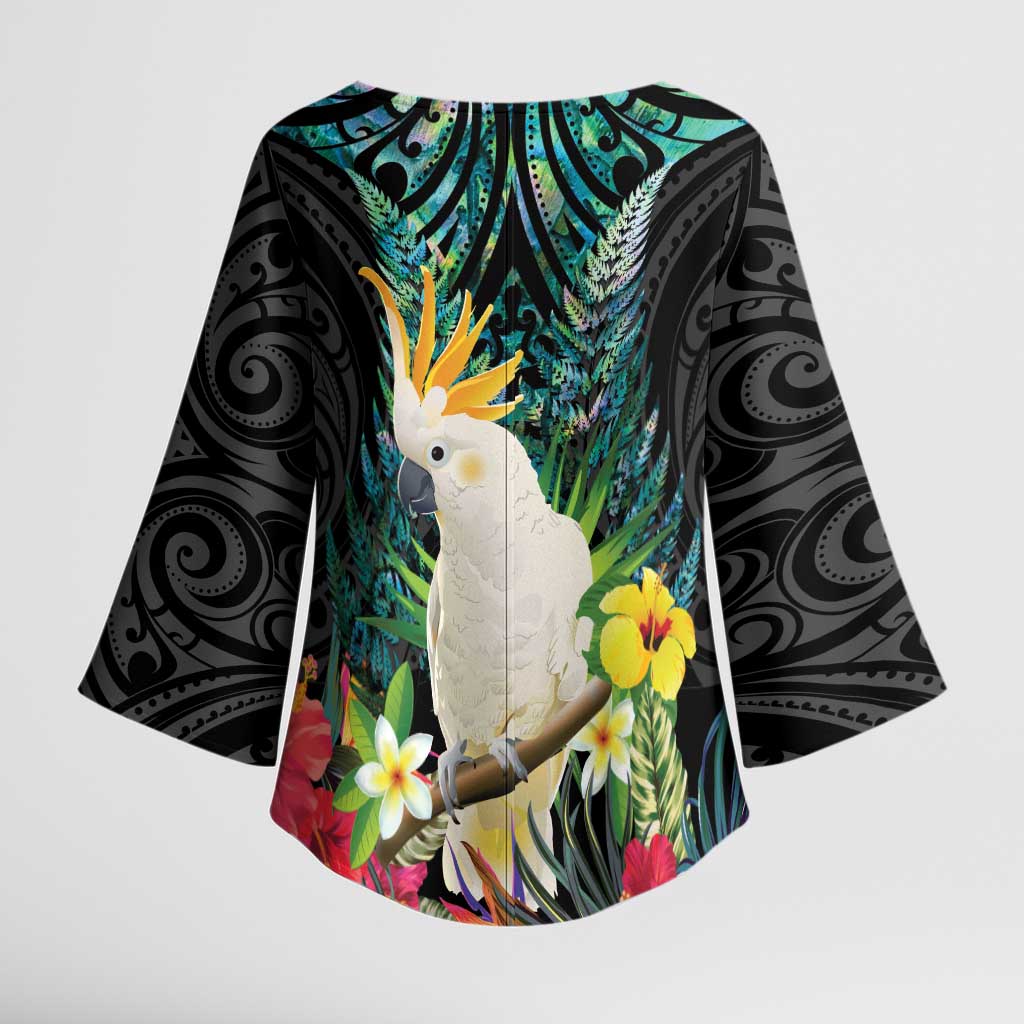 Sulphur-crested Cockatoo New Zealand Kimono Sleeve Blouse Paua Shell Aotearoa Maori Tropical Flowers - Aussie Hoodie