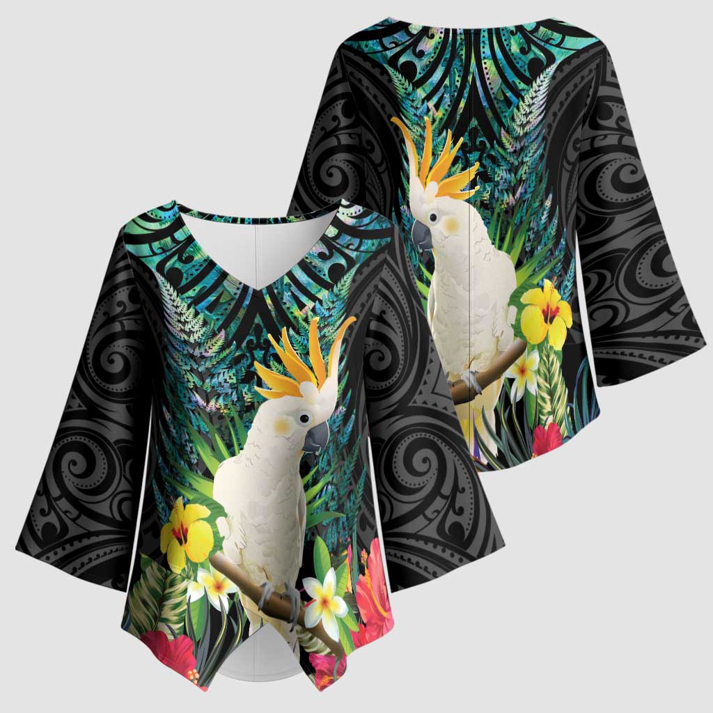Sulphur-crested Cockatoo New Zealand Kimono Sleeve Blouse Paua Shell Aotearoa Maori Tropical Flowers - Aussie Hoodie